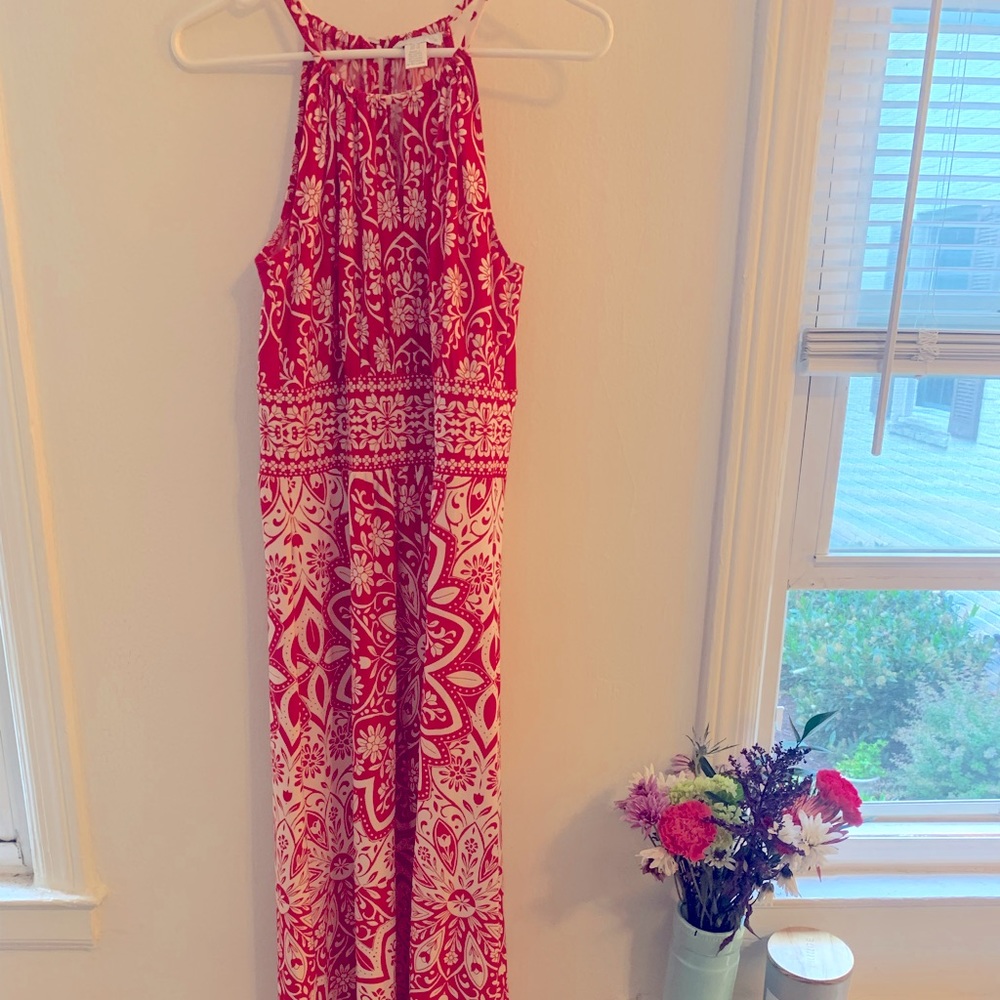 Red Maxi Dress with Floral Design